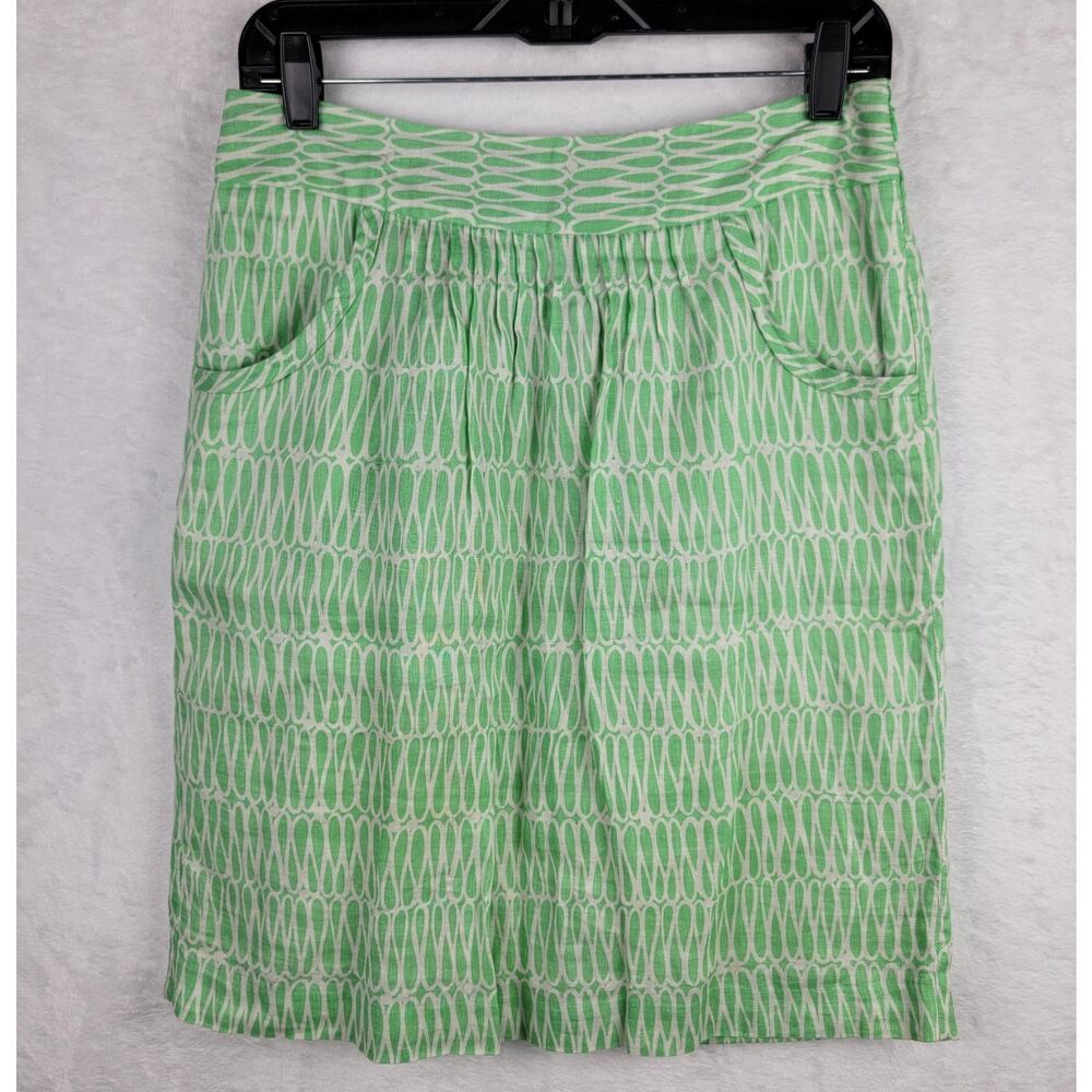 Boden Cottagecore Skirt Sz 6 Lined Zip Pocket 100% Linen Green Preppy Summer